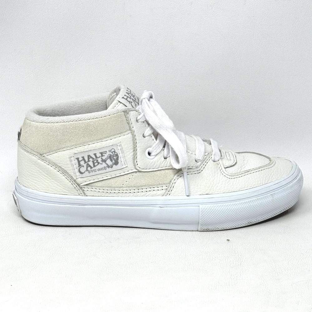 Vans Half Cab Off White Leather Mid Top Skate Shoe Mens 5.5 Women 7 Youth School